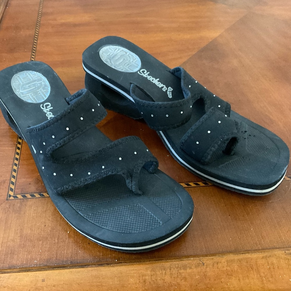 Skechers Black Wedge Sandals with Stud Accents